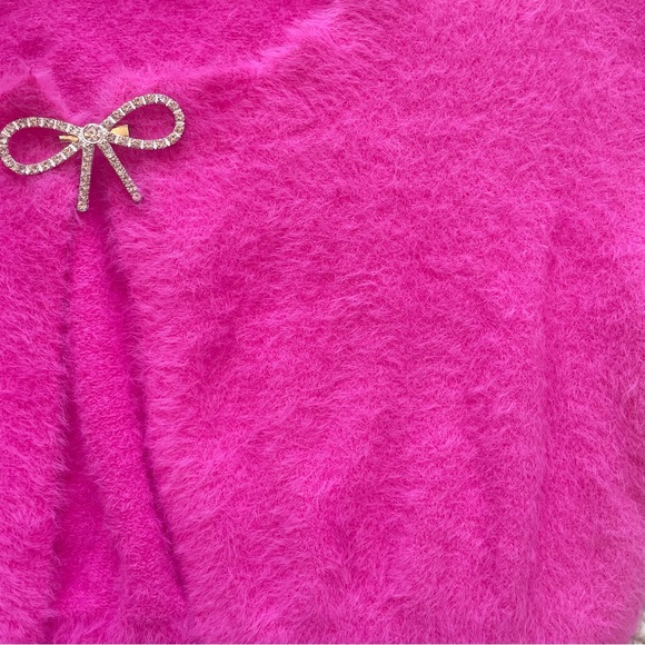 Shein Fuzzy Pink Cropped Cardigan with Diamond Bow Size S - Picture 3 of 10